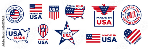 Made in usa seal badges. American labels. American quality product. Patriotic logo or stamp. Tags with flag of america.
