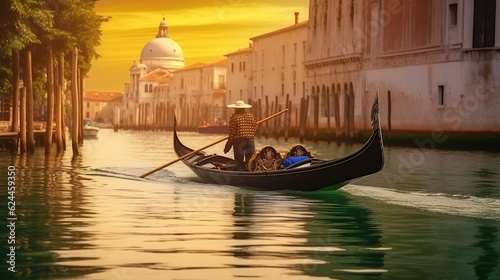 Venetian gondolier punting gondola through green canal waters of Venice Italy, Generative AI