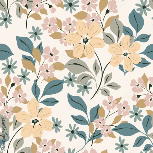 Seamless floral pattern, delicate ditsy print with folk motif. Gentle botanical design, floral decor in pastel colors: hand drawn flowers, branches, leaves on a white background. Vector illustration.