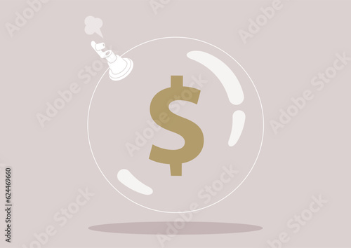 Dollar deflation concept, a plastic ball blowing out air through the inflation valve