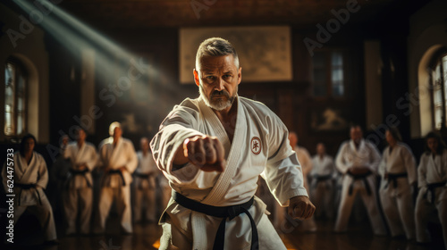 Dynamic Dojo Ambiance. Karate Practitioners Training with an Engaging Background. AI Generative