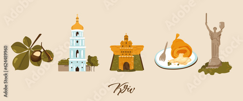 A set of icons of landmarks and symbols of Kyiv, Ukraine. Motherland monument, St. Sophia's Cathedral, Golden Gate, Kiev-style cutlet, chestnut. Hand drawn vector illustration 
