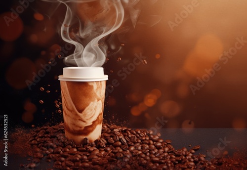 Coffee to go cup and coffee beans background with place for text