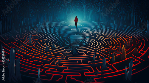 Psychology, psychiatry and mental health. philosophic line illustration of man, searching for the meaning of life, labyrinth, fingerprint and life path for poster, magazine cover and background 