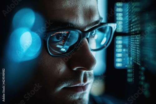 Cybersecurity illustrated, Close-up of Eyes and Glasses with Computer Monitor Reflection