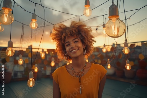 Young black woman at a rooftop party smiling to camera