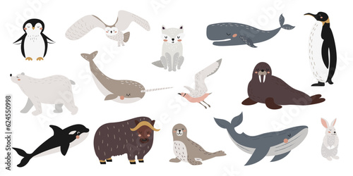 Vector set of wild polar animals, marine mammals and birds. Collection of cute Arctic animals. Whale, narwhal, walrus, polar owl, polar bear, penguins. Vector illustration in flat style.
