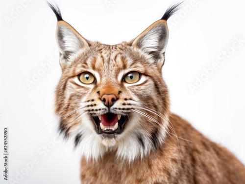 Cute wild lynx portrait and white background. Generative AI