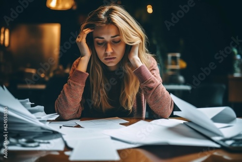 Woman doing paperwork. The concept of being stuck at work or preparing for an exam. AI generated