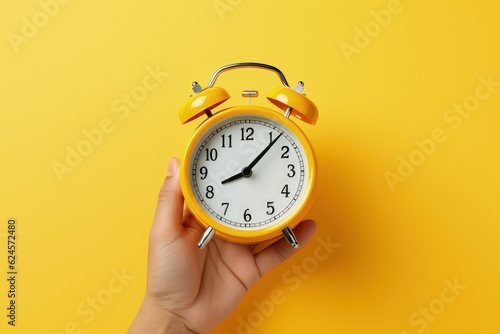 Hand holding alarm clock isolated on yellow background, Generative AI