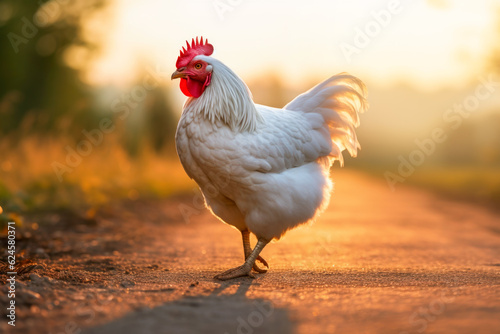 Chicken crossing a country road at sunset, Generative AI