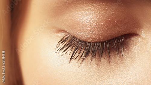 Mascara makeup. Eyes cosmetics. Nude eyeshadow. Macro of woman closed eyelid shimmering glitter long thick black lashes radiant glowing face skin.