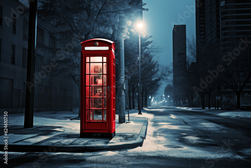 Red phone booth inthe middle of city street in light of lanterns. Evening mist. Generative Ai content.