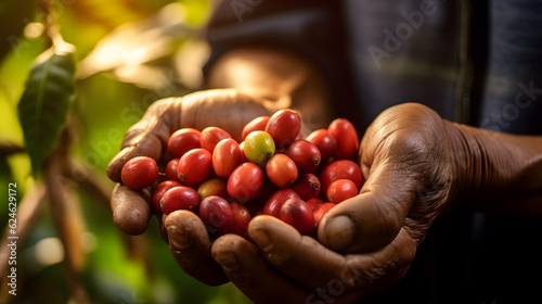 Ein stolzer Bauer hält frisch geerntete Kaffeebohnen auf einer sonnenbeschienenen Plantage mit Kaffeepflanzen im Morgentau