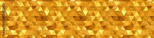 Gold motif tiles texture wall background banner panorama - Vintage retro geometric abstract cement tile with triangular triangles structure, seamless pattern (Generative Ai)
