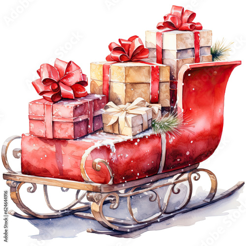 Watercolor christmas red sleigh with gifts, christmas illustration. Generative AI