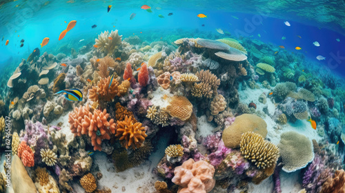 Fish-eye panorama of coral reef bustling with marine life