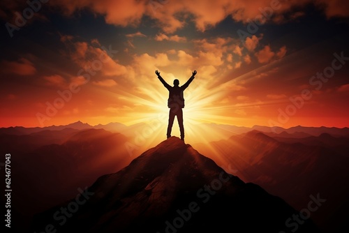 A silhouette of a person standing on a mountaintop, arms outstretched towards the rising sun, which pointing up as symbol of achievement
