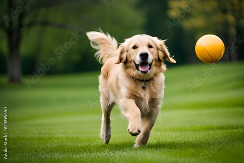 golden retriever playing with ball generated by AI