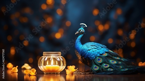 Diwali Festival Background with Oil Lamps and Auspicious Peacock. Hindu Festival Celebration. Generative Ai