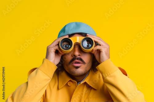  a man carefully look through binoculars on a yellow background.generative AI.