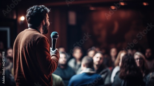 A comedian speaker with a microphone in front of an audience