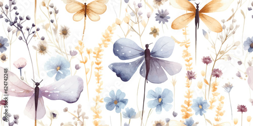Floral seamless pattern with abstract flying butterflies and dragonflies, watercolor illustration with delicate abstract wildflowers on white background, environment in blue and yellow colored