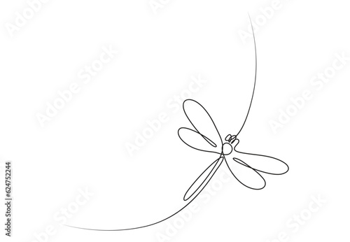 Continuous one line drawing. Flying dragonfly logo. Black and white vector illustration. Concept for logo, card, banner, poster, flyer. Premium vector.