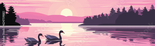 tranquil scene of swans on a lake at dawn vector isolated illustration