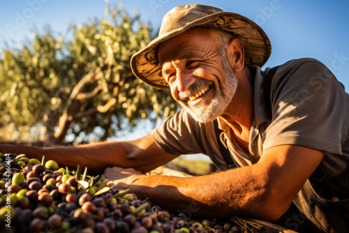 Joyous farmer is harvesting olives at olive grove 