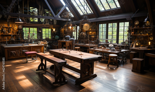 Woodworking workshop, mid-century era