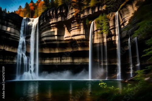 Taughannock Falls, a silky smooth waterfall cascades gracefully along a majestic rock face cliff.Ai generated