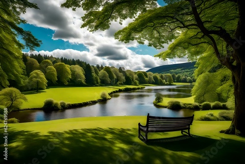 A rustic bench rests gracefully amidst the vibrant greenery of a park in Dunkeld, Perth and Kinross, Scotland, overlooking a peaceful river. Ai generated