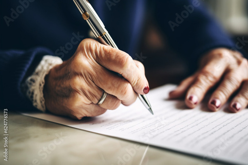 Senior woman write at the table. Elderly woman signatures document close up. AI generated