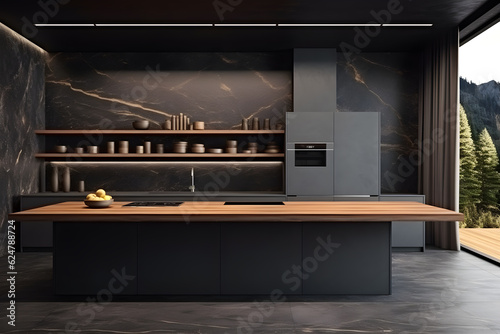 Interior of luxury kitchen with grey black marble and wooden walls