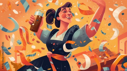  illustration of a woman drinking beer with confetti around her. Generative AI