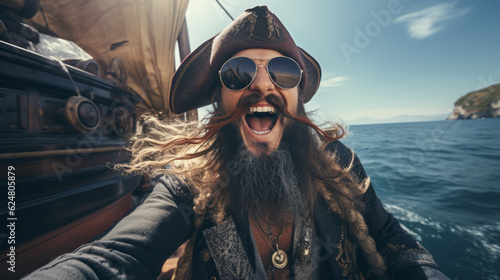 Man dressed-up like a pirate with hat and boat background