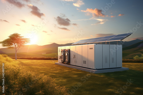 A separate energy storage building with batteries in the field. the concept of energy conservation, solar panels.