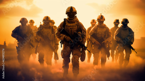 Several modern soldiers fully equipped facing the camera in a dusty and smoggy environment