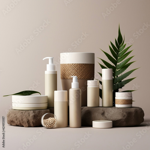 environmentally friendly Blank cosmetic product line with white color and copy space makeup, and skin care items