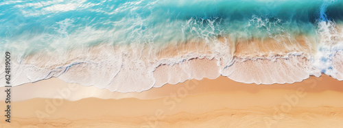 Abstract sand beach from above with light blue water wave and sun lights, summer vacation background concept. Generative AI
