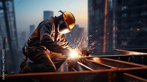 Builder welder in a safety helmet welding a steel structure at a construction site. Generative AI.