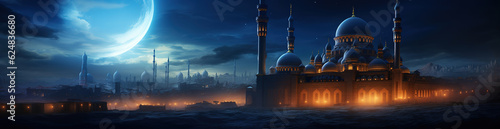 Eid Mubarak, Eid al-Fitr and Ramadan. Illustrations of a holiday, an evening mosque with a crescent moon, for banner background