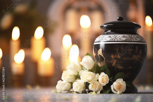 White roses and a black cremation urn with burning candles. Generative AI