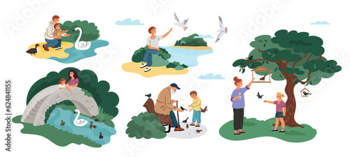 People feed birds. Happy parents and kids pour grains to pigeons and sparrows. Park pond with ducks. Persons give crumbs to seagulls and swans. Grandparent with child. Garish vector set