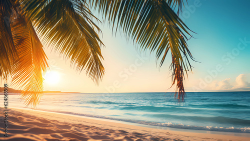 sandy beach with palm trees close up at sunrise in the Bahamas made with Generative AI
