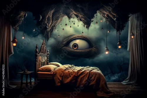 Le monde des cauchemars - Lit avec oreiller dans un endroit angoissant et dramatique - Générative iA