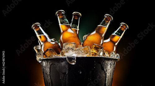 Three beer bottles in a bucket filled with ice cold