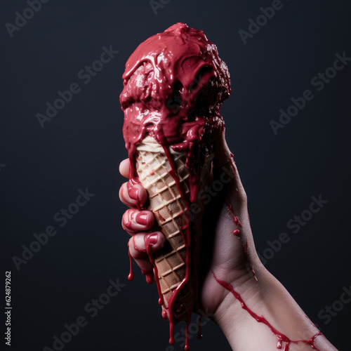 Dark Raspberry Ice Cream Cone dripping down the woman's arm to look like blood