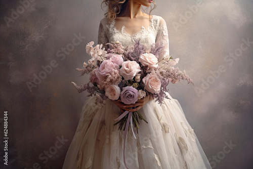 Mujer con vestido de novia de encaje y bouquet de rosas y flores malvas, blancas y rosas. ilustracion de ia generativa